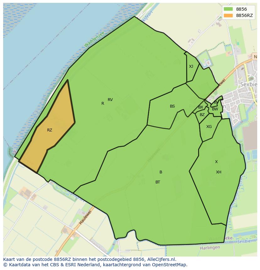 Afbeelding van het postcodegebied 8856 RZ op de kaart.