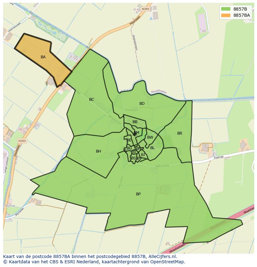 Afbeelding van het postcodegebied 8857 BA op de kaart.