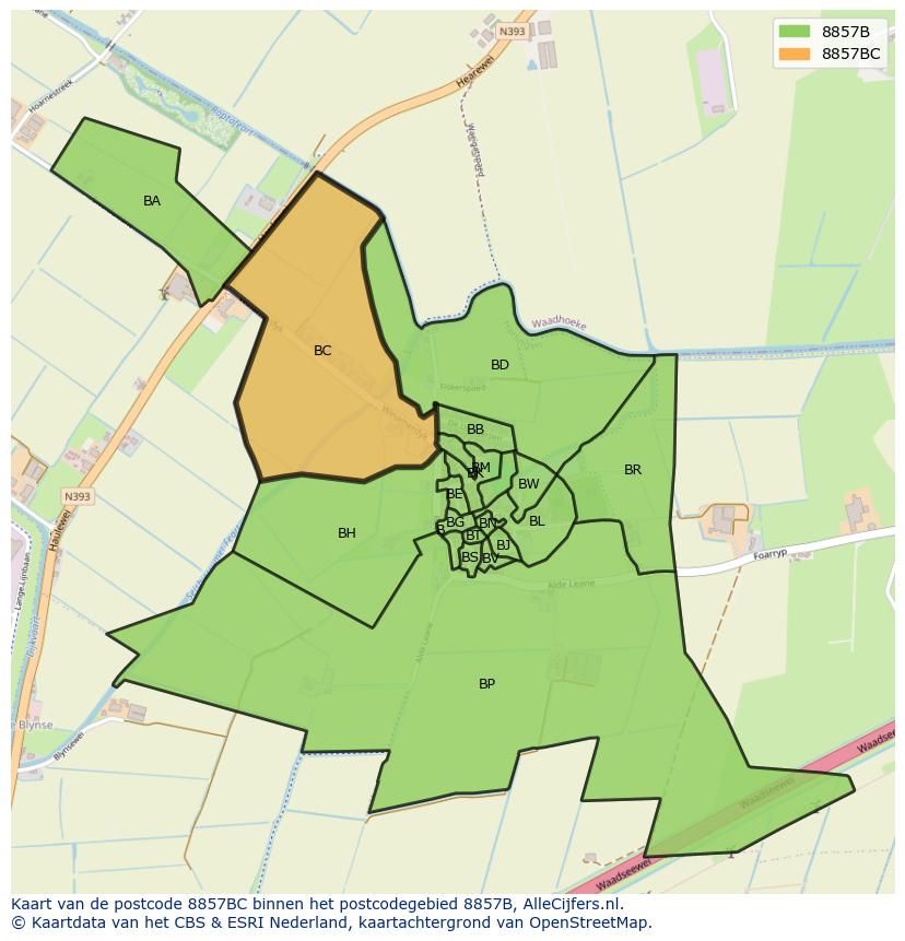 Afbeelding van het postcodegebied 8857 BC op de kaart.