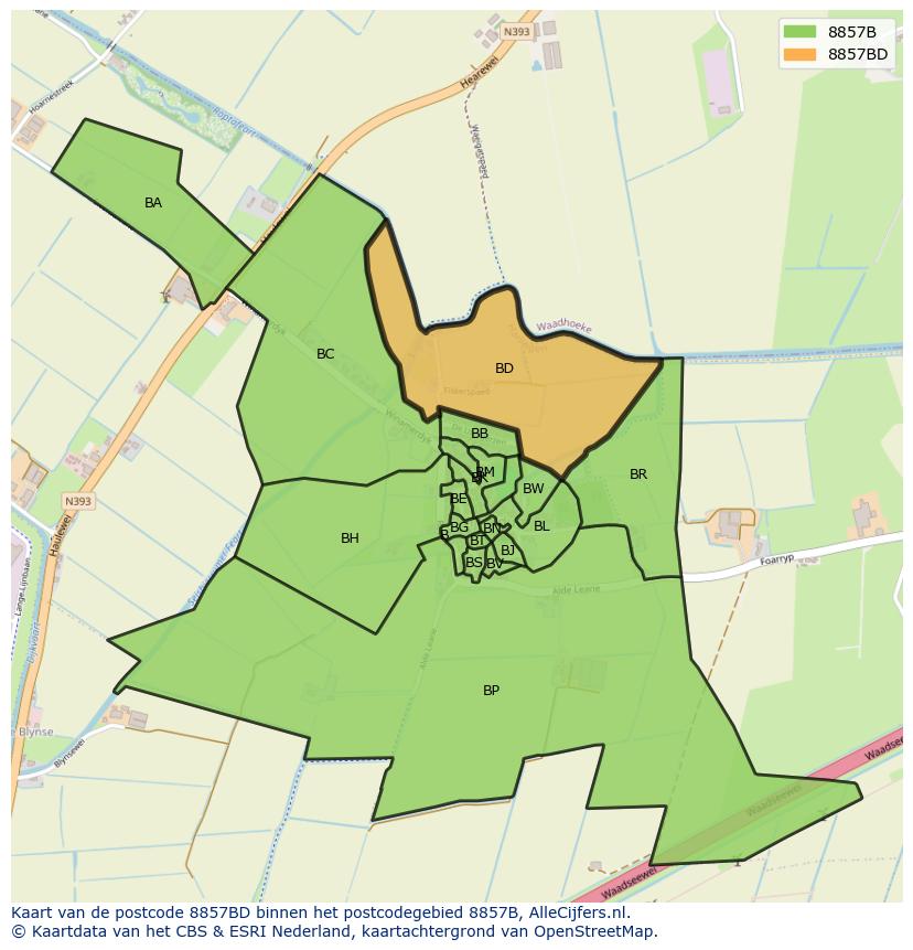 Afbeelding van het postcodegebied 8857 BD op de kaart.
