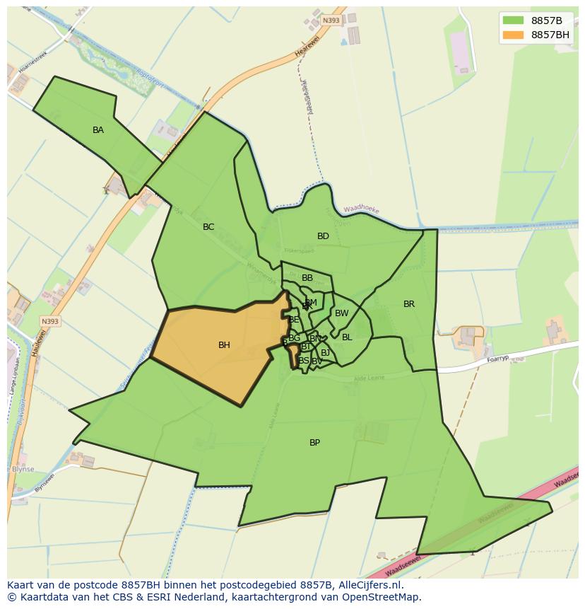 Afbeelding van het postcodegebied 8857 BH op de kaart.