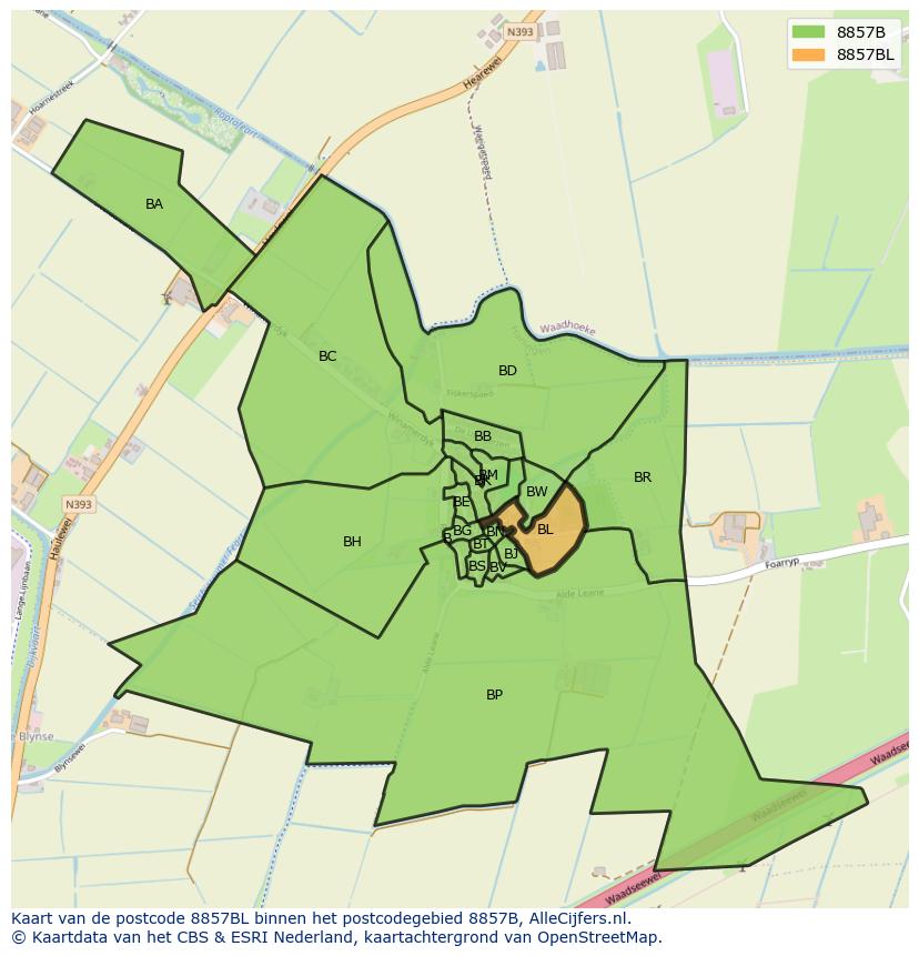 Afbeelding van het postcodegebied 8857 BL op de kaart.