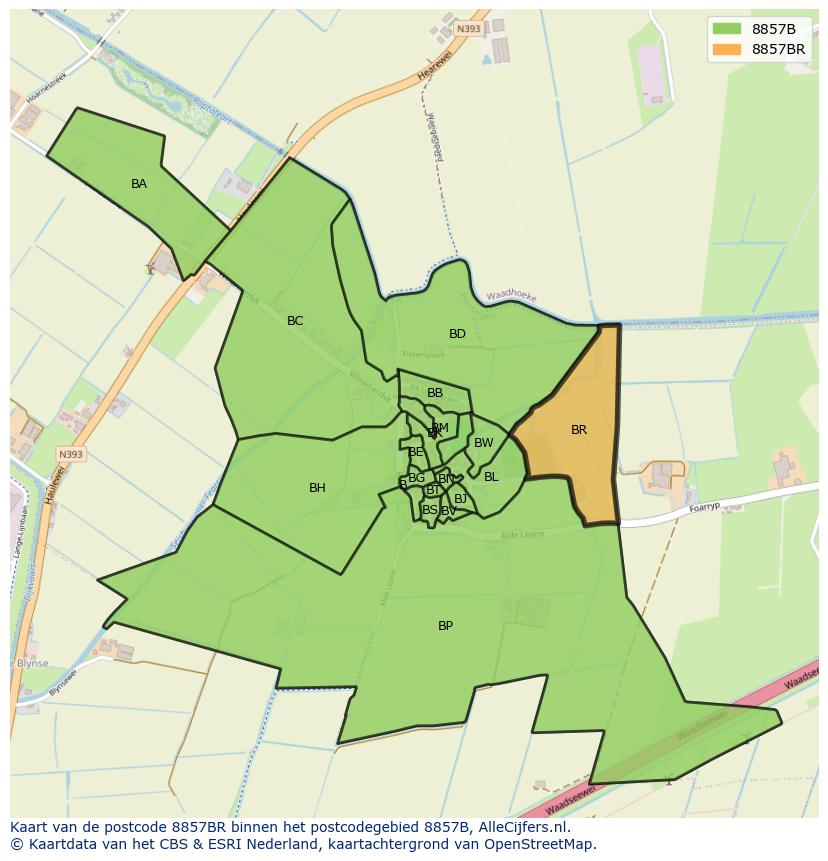 Afbeelding van het postcodegebied 8857 BR op de kaart.
