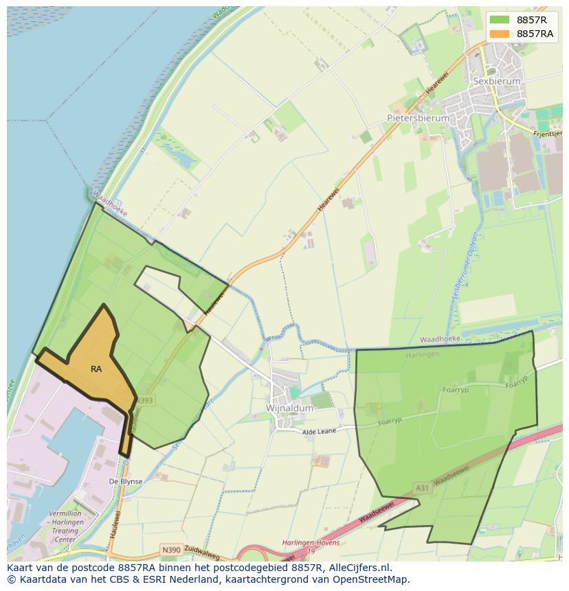 Afbeelding van het postcodegebied 8857 RA op de kaart.