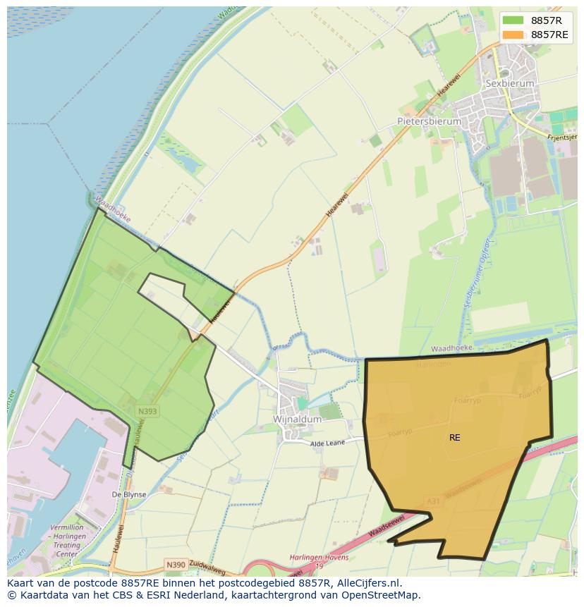 Afbeelding van het postcodegebied 8857 RE op de kaart.