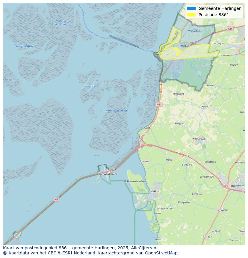 Afbeelding van het postcodegebied 8861 op de kaart.