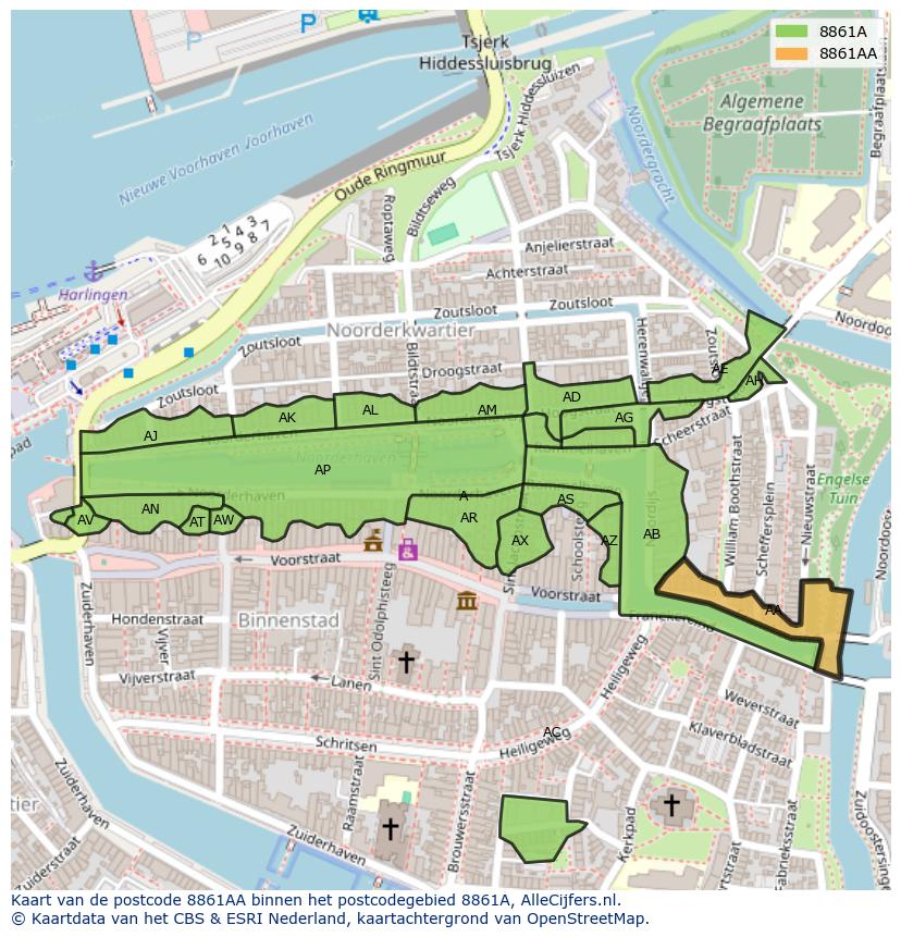 Afbeelding van het postcodegebied 8861 AA op de kaart.