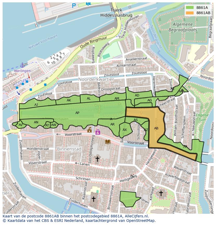 Afbeelding van het postcodegebied 8861 AB op de kaart.