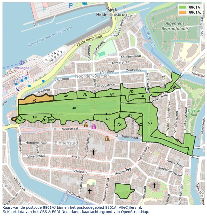 Afbeelding van het postcodegebied 8861 AJ op de kaart.