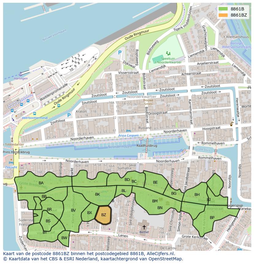 Afbeelding van het postcodegebied 8861 BZ op de kaart.