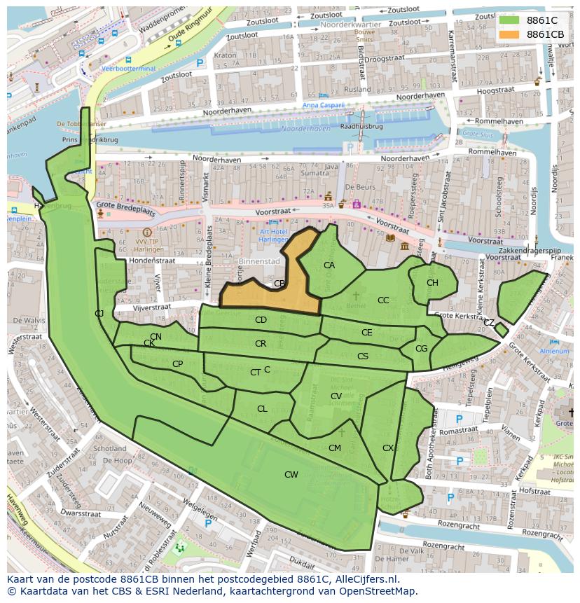 Afbeelding van het postcodegebied 8861 CB op de kaart.
