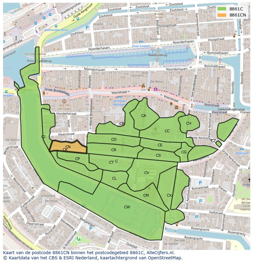 Afbeelding van het postcodegebied 8861 CN op de kaart.