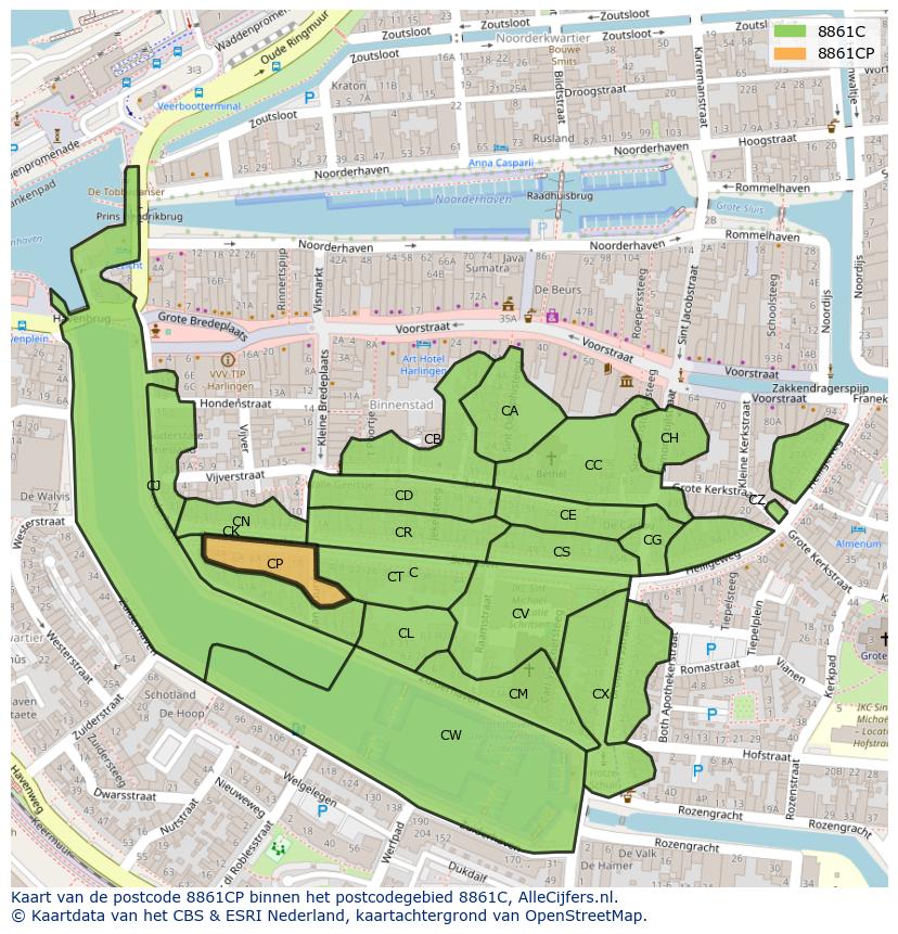 Afbeelding van het postcodegebied 8861 CP op de kaart.