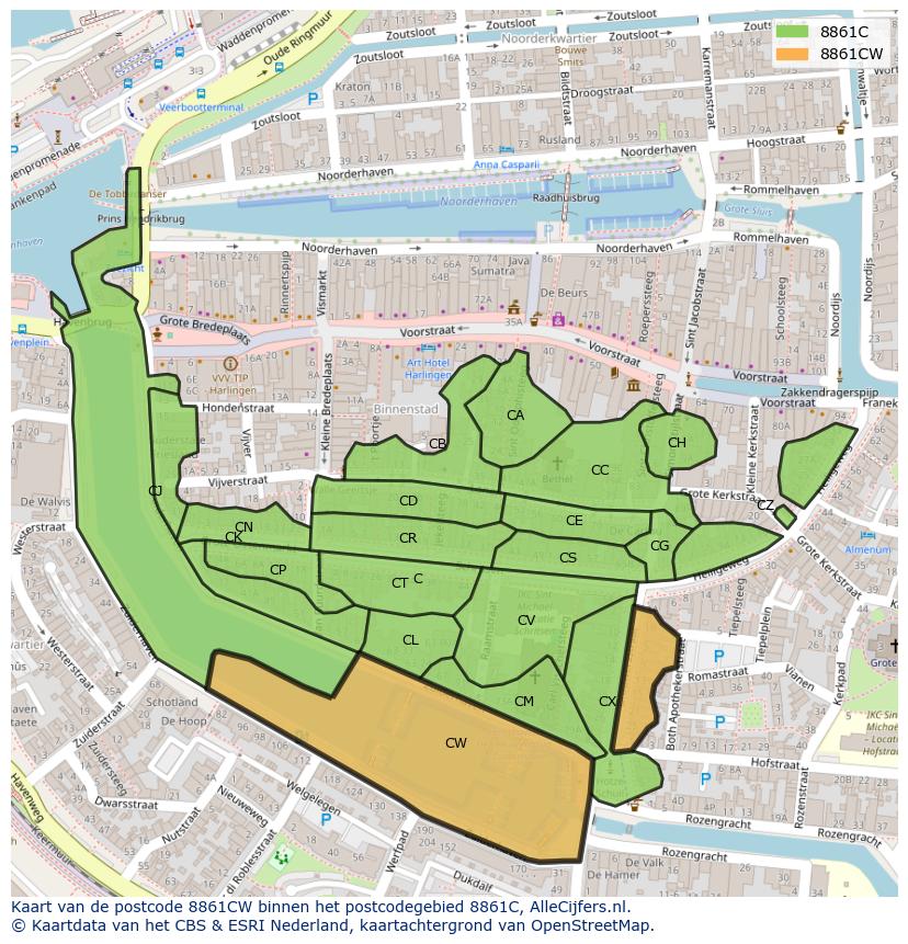 Afbeelding van het postcodegebied 8861 CW op de kaart.