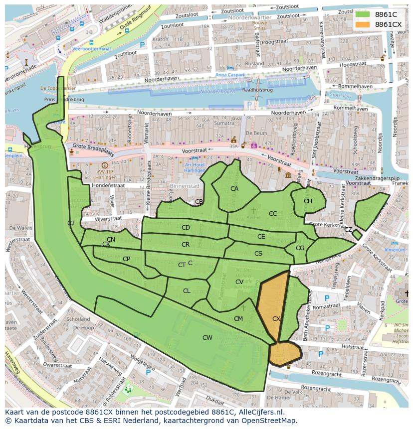 Afbeelding van het postcodegebied 8861 CX op de kaart.