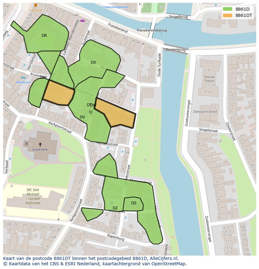 Afbeelding van het postcodegebied 8861 DT op de kaart.