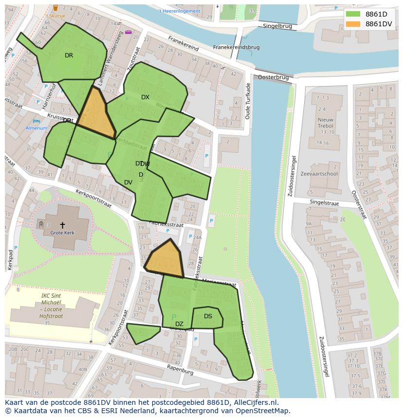 Afbeelding van het postcodegebied 8861 DV op de kaart.