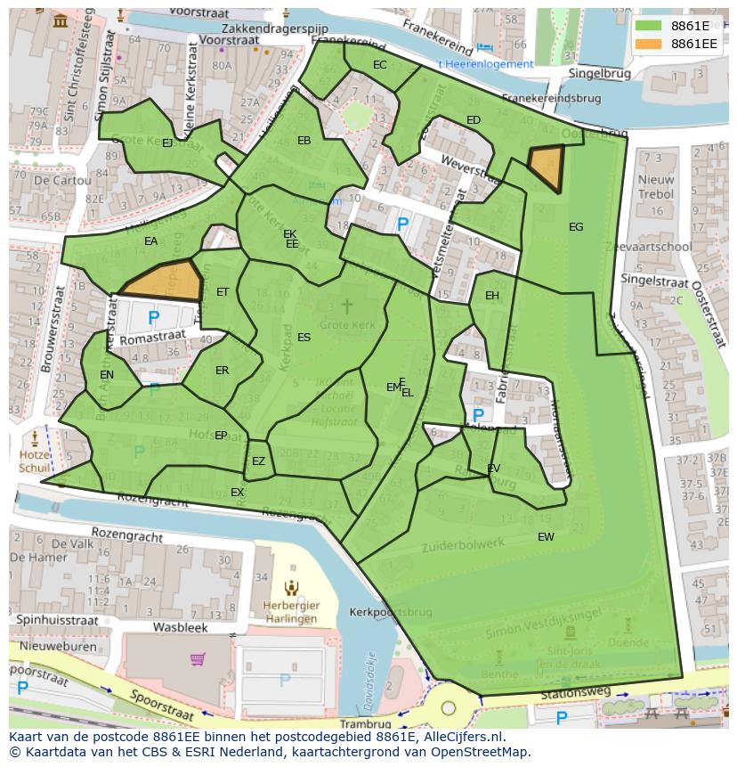 Afbeelding van het postcodegebied 8861 EE op de kaart.