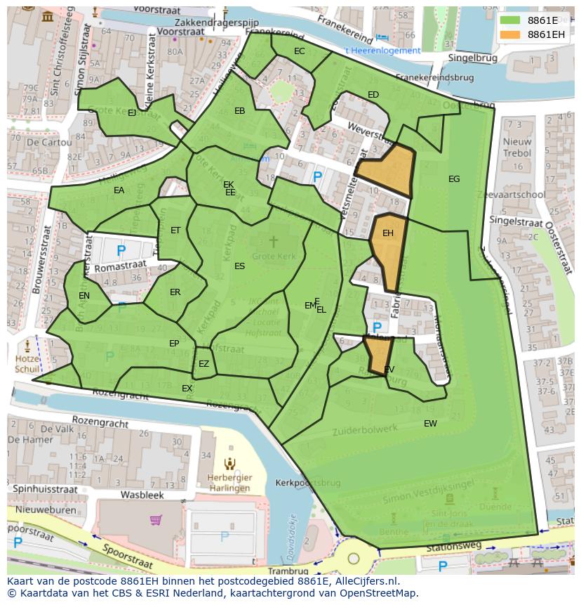 Afbeelding van het postcodegebied 8861 EH op de kaart.