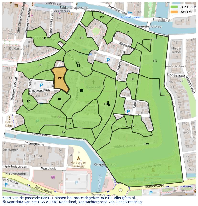 Afbeelding van het postcodegebied 8861 ET op de kaart.
