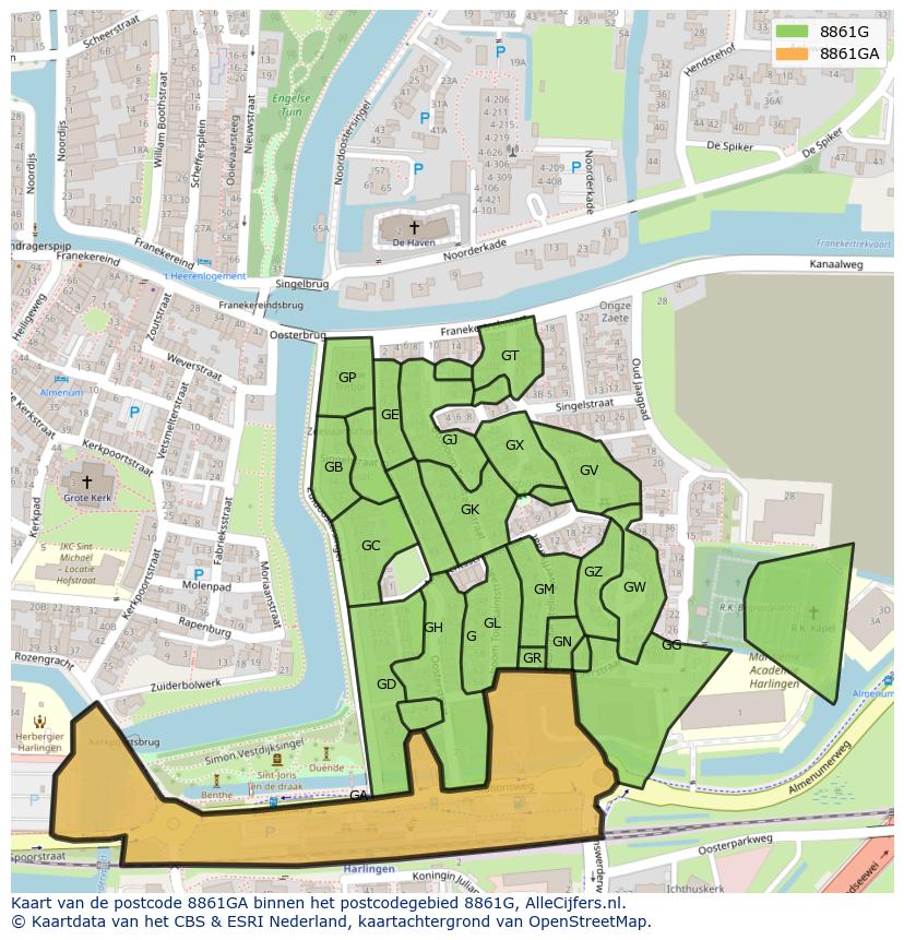 Afbeelding van het postcodegebied 8861 GA op de kaart.