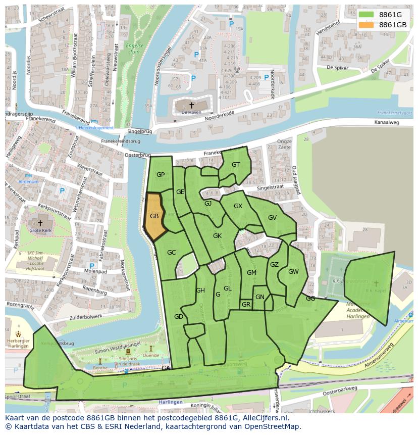Afbeelding van het postcodegebied 8861 GB op de kaart.