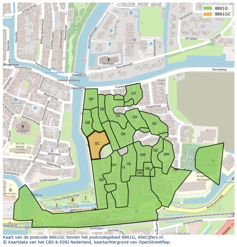 Afbeelding van het postcodegebied 8861 GC op de kaart.