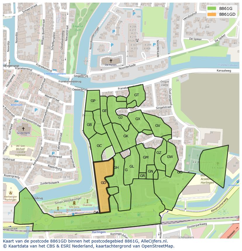 Afbeelding van het postcodegebied 8861 GD op de kaart.