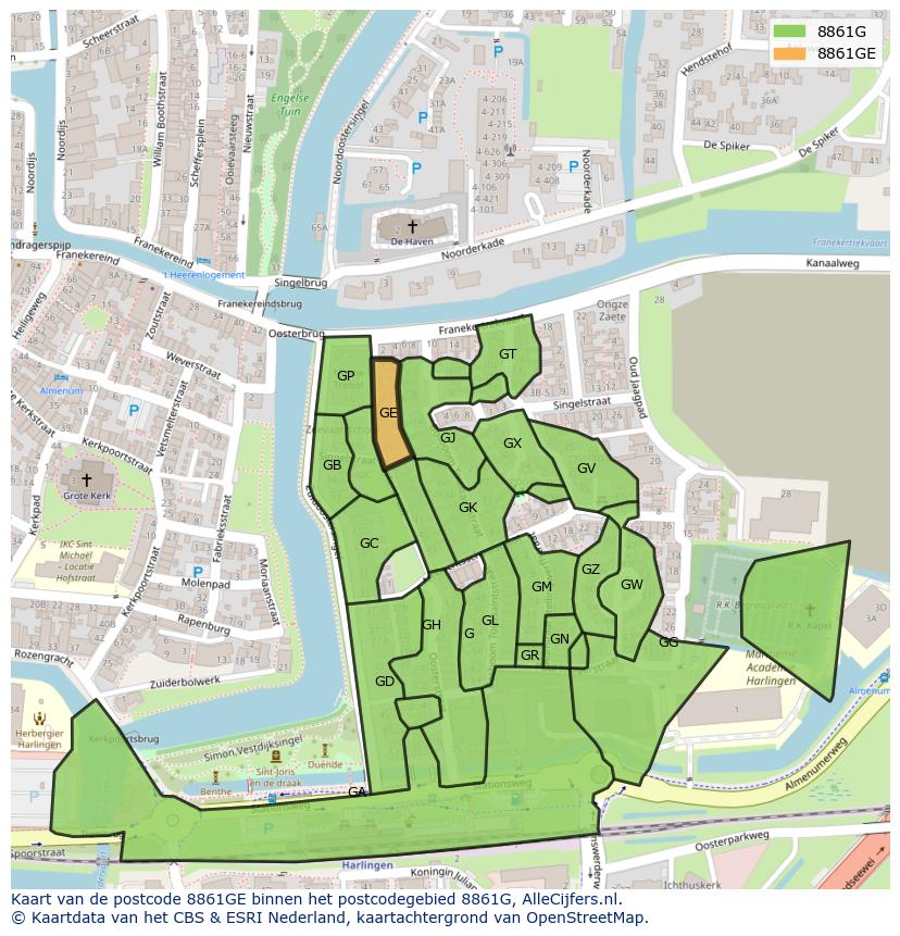 Afbeelding van het postcodegebied 8861 GE op de kaart.