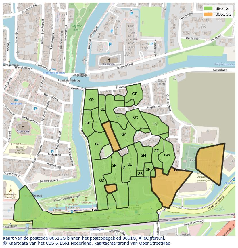 Afbeelding van het postcodegebied 8861 GG op de kaart.