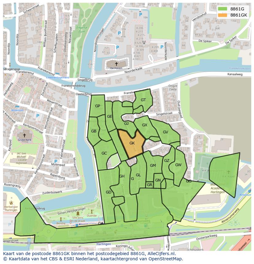 Afbeelding van het postcodegebied 8861 GK op de kaart.