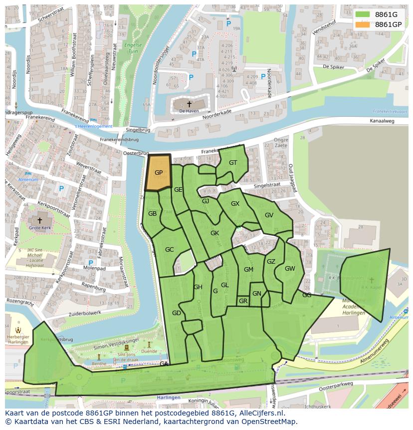 Afbeelding van het postcodegebied 8861 GP op de kaart.