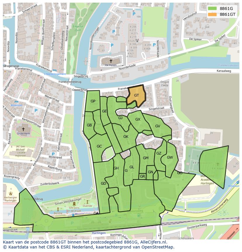 Afbeelding van het postcodegebied 8861 GT op de kaart.