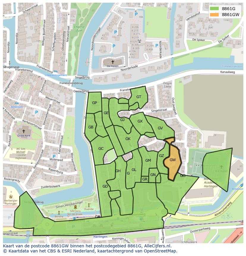 Afbeelding van het postcodegebied 8861 GW op de kaart.