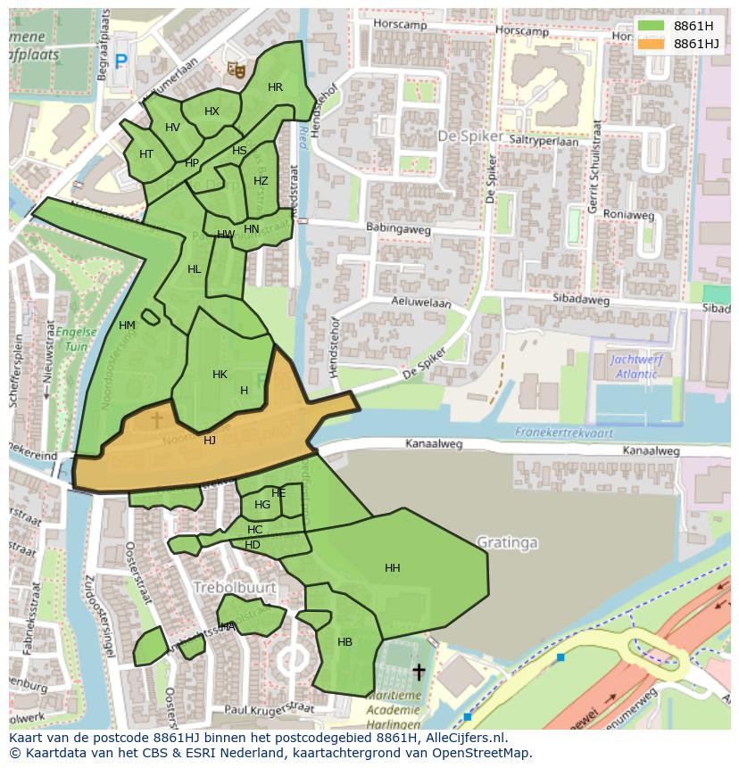 Afbeelding van het postcodegebied 8861 HJ op de kaart.