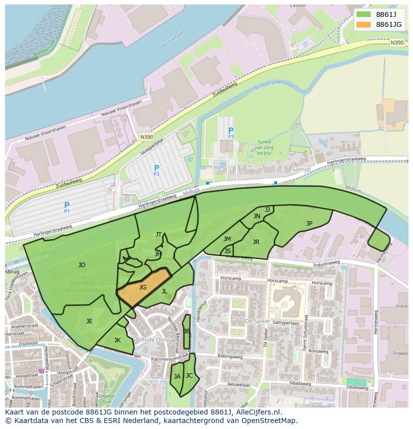 Afbeelding van het postcodegebied 8861 JG op de kaart.