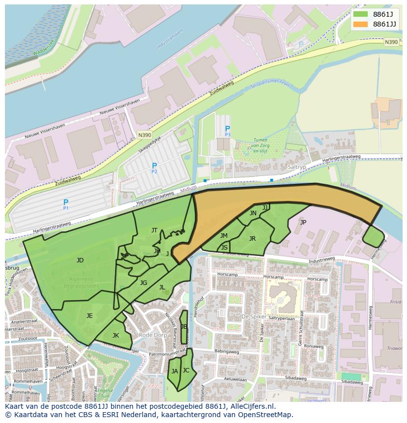 Afbeelding van het postcodegebied 8861 JJ op de kaart.