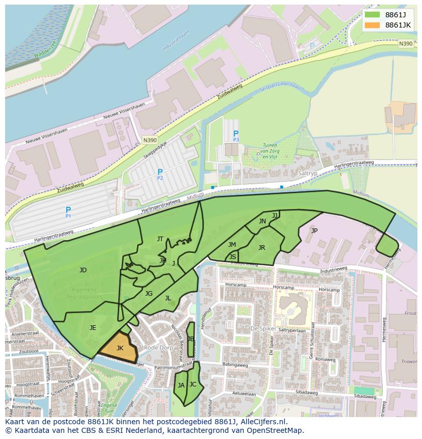 Afbeelding van het postcodegebied 8861 JK op de kaart.