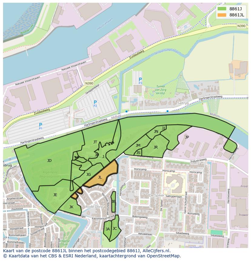 Afbeelding van het postcodegebied 8861 JL op de kaart.