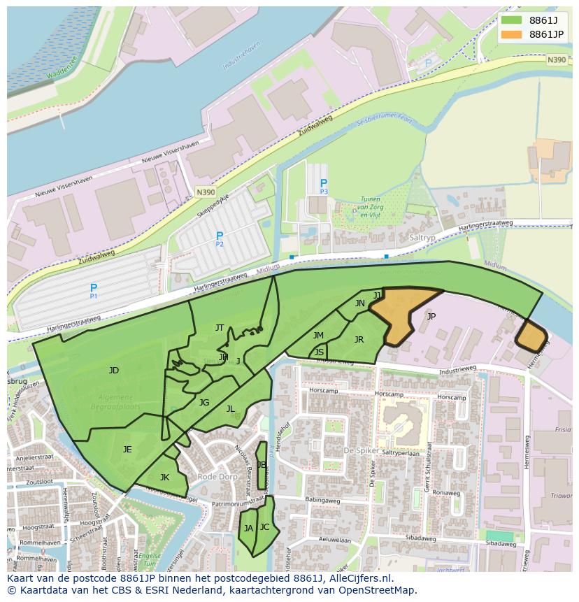 Afbeelding van het postcodegebied 8861 JP op de kaart.