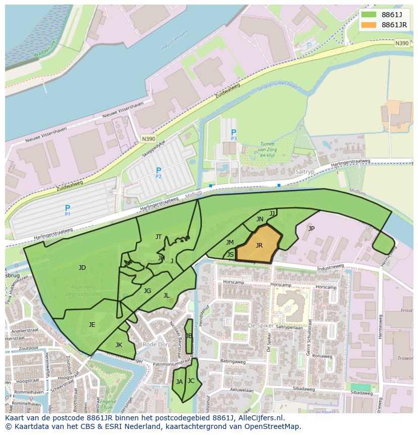 Afbeelding van het postcodegebied 8861 JR op de kaart.