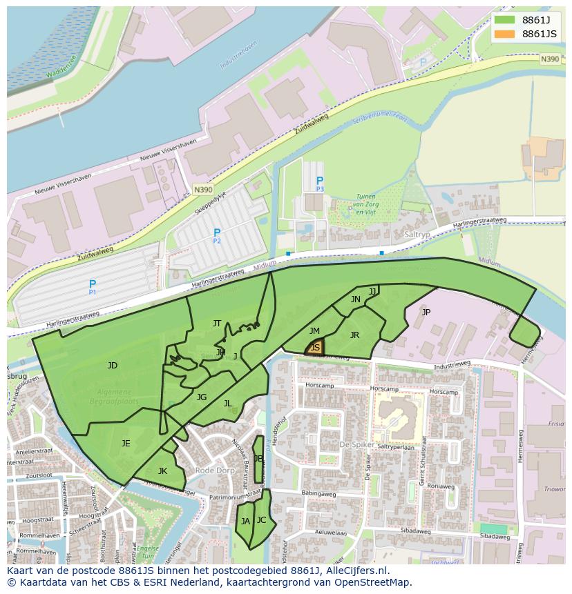Afbeelding van het postcodegebied 8861 JS op de kaart.