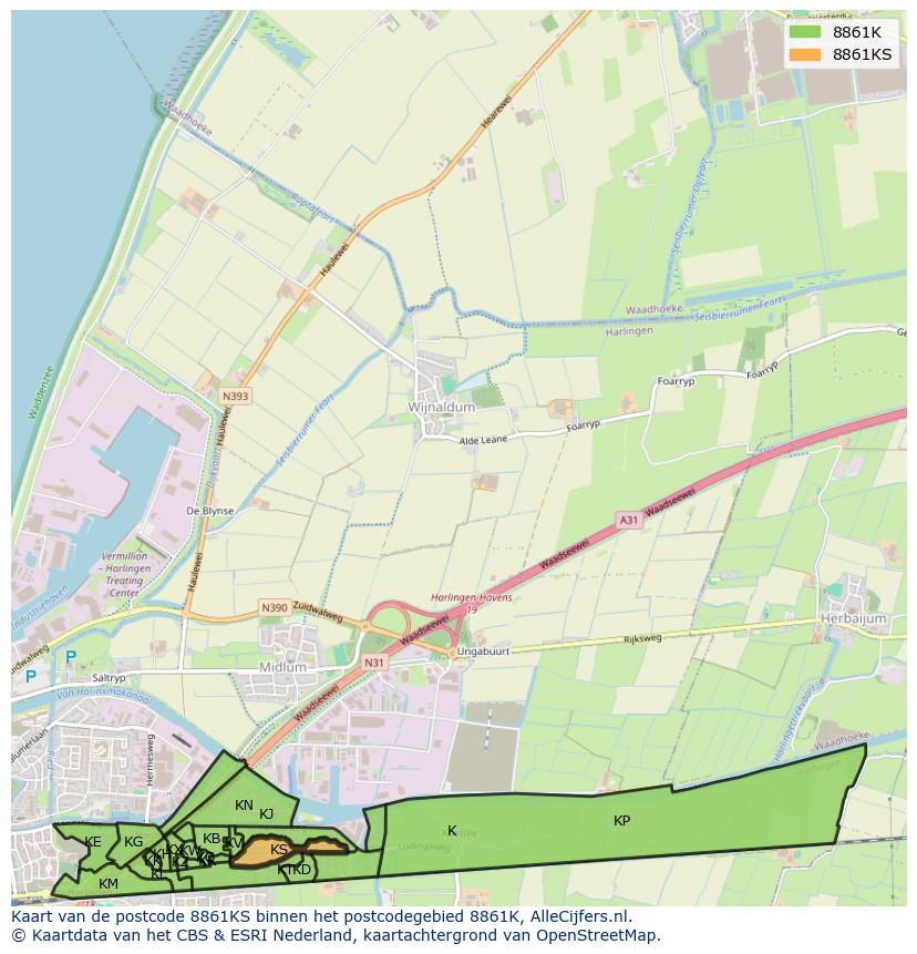 Afbeelding van het postcodegebied 8861 KS op de kaart.