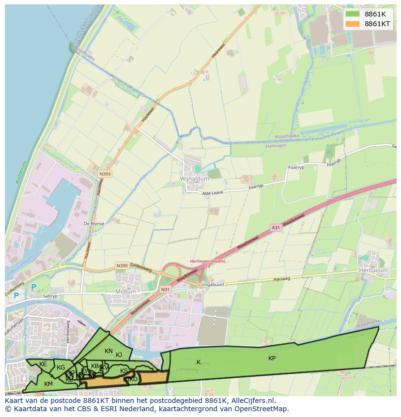 Afbeelding van het postcodegebied 8861 KT op de kaart.