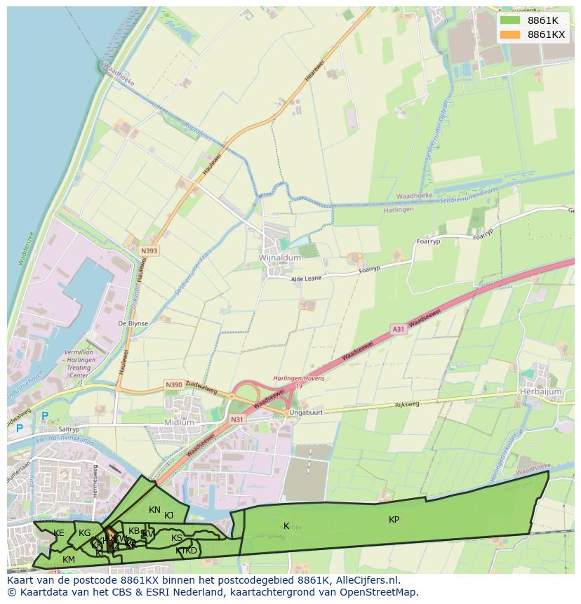 Afbeelding van het postcodegebied 8861 KX op de kaart.