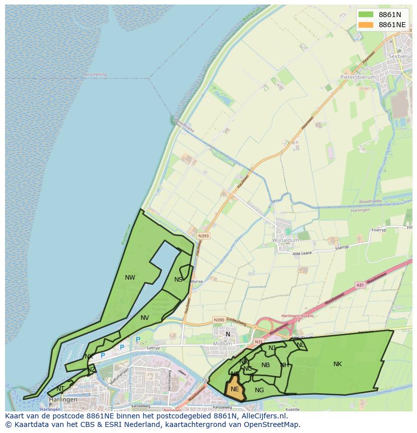 Afbeelding van het postcodegebied 8861 NE op de kaart.