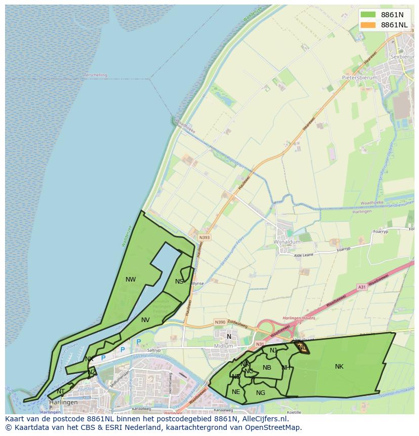 Afbeelding van het postcodegebied 8861 NL op de kaart.