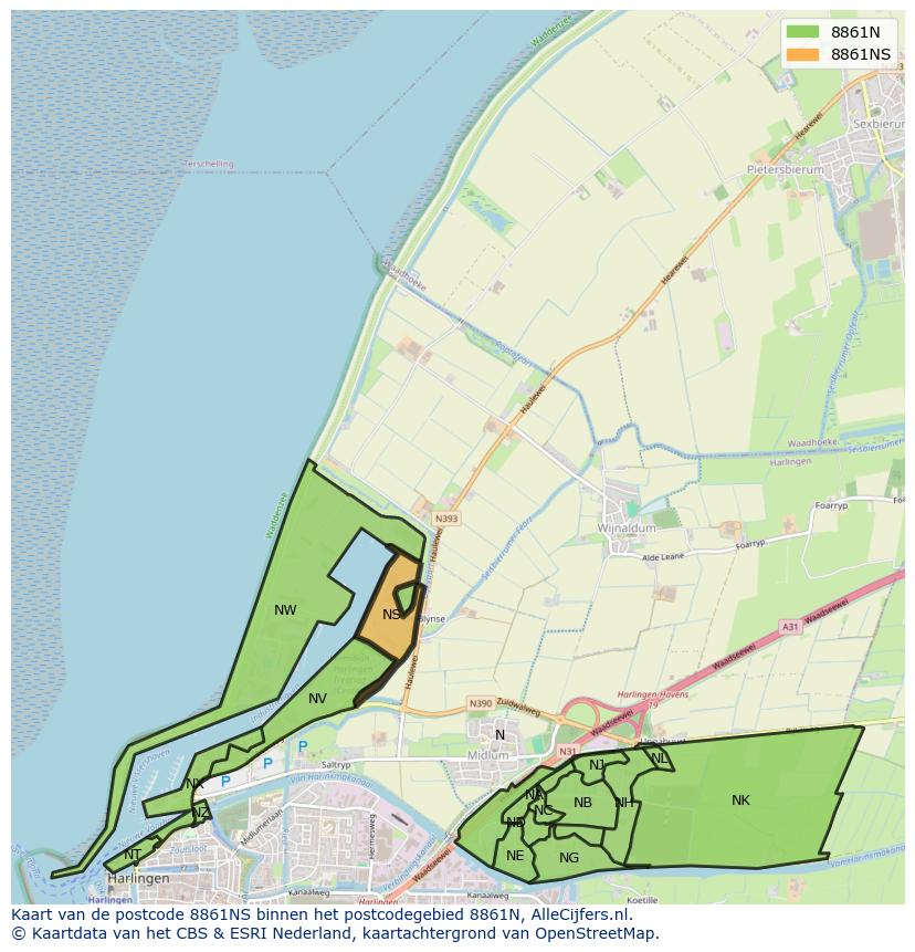 Afbeelding van het postcodegebied 8861 NS op de kaart.