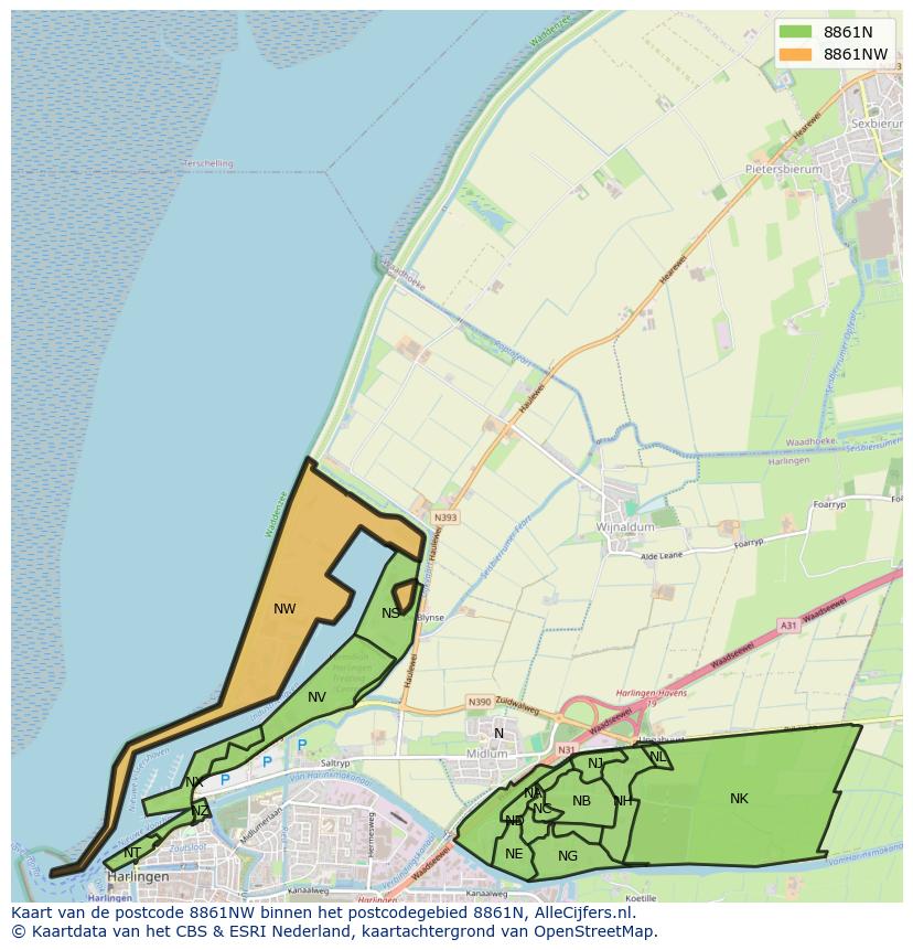 Afbeelding van het postcodegebied 8861 NW op de kaart.