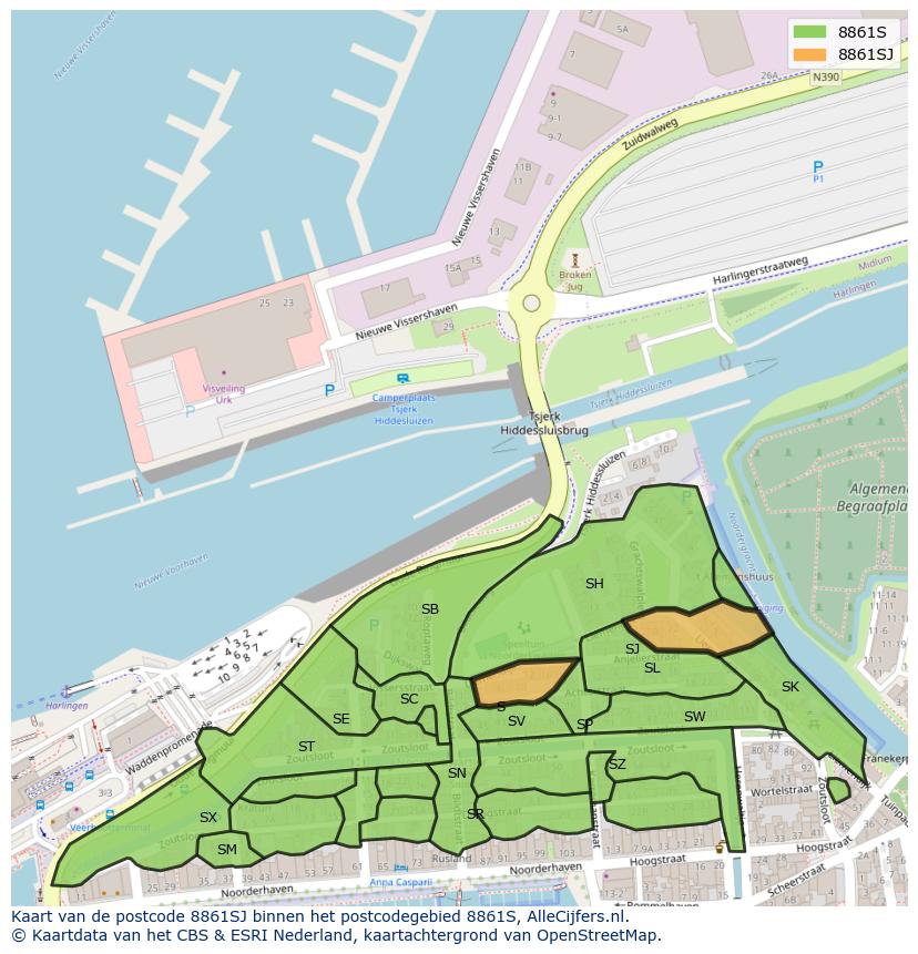 Afbeelding van het postcodegebied 8861 SJ op de kaart.